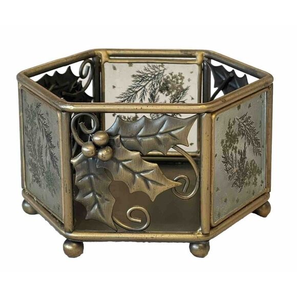CANDLE HOLDER Hexagon w/Alternate Panels Of  Metal Holly  Scrolls & Glass Ferns - Picture 1 of 9